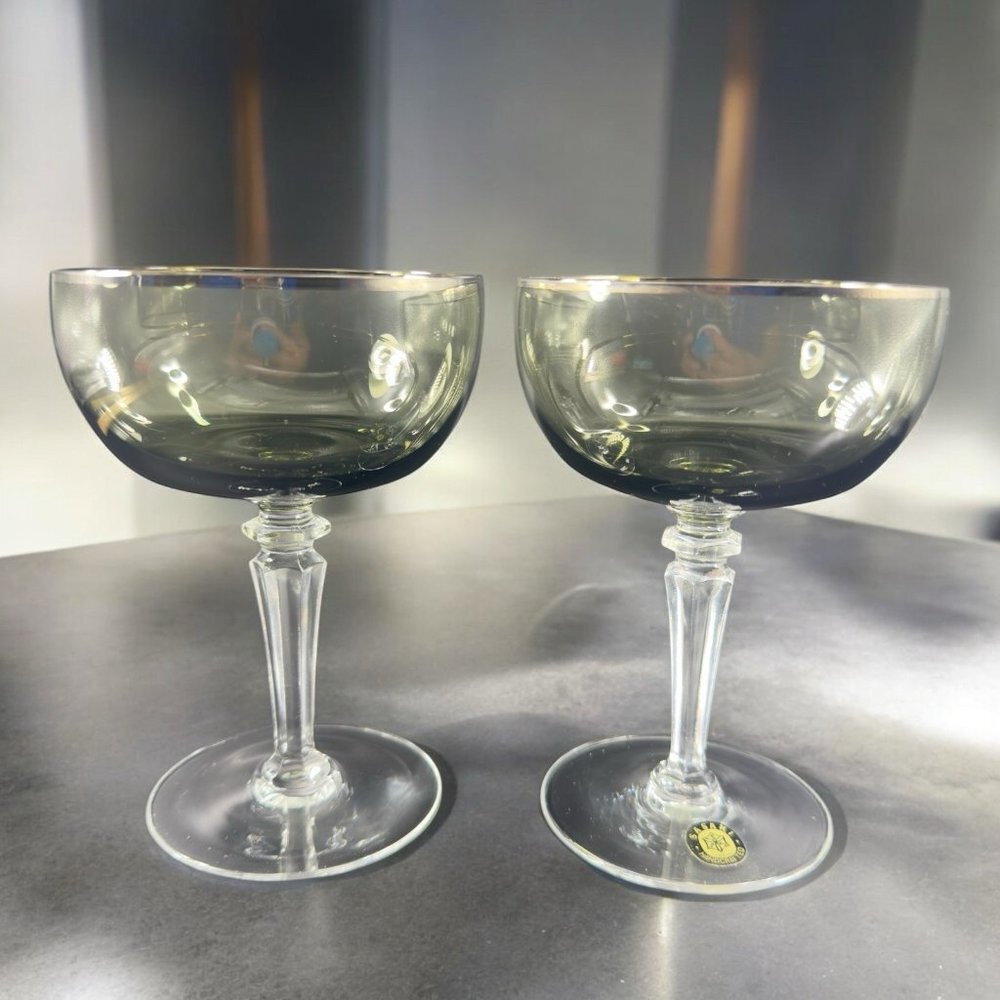 Sasaki Glass Platinum Rim‎ Smokey Green Black Goblet Glasses Cups 5.5inch Set 2